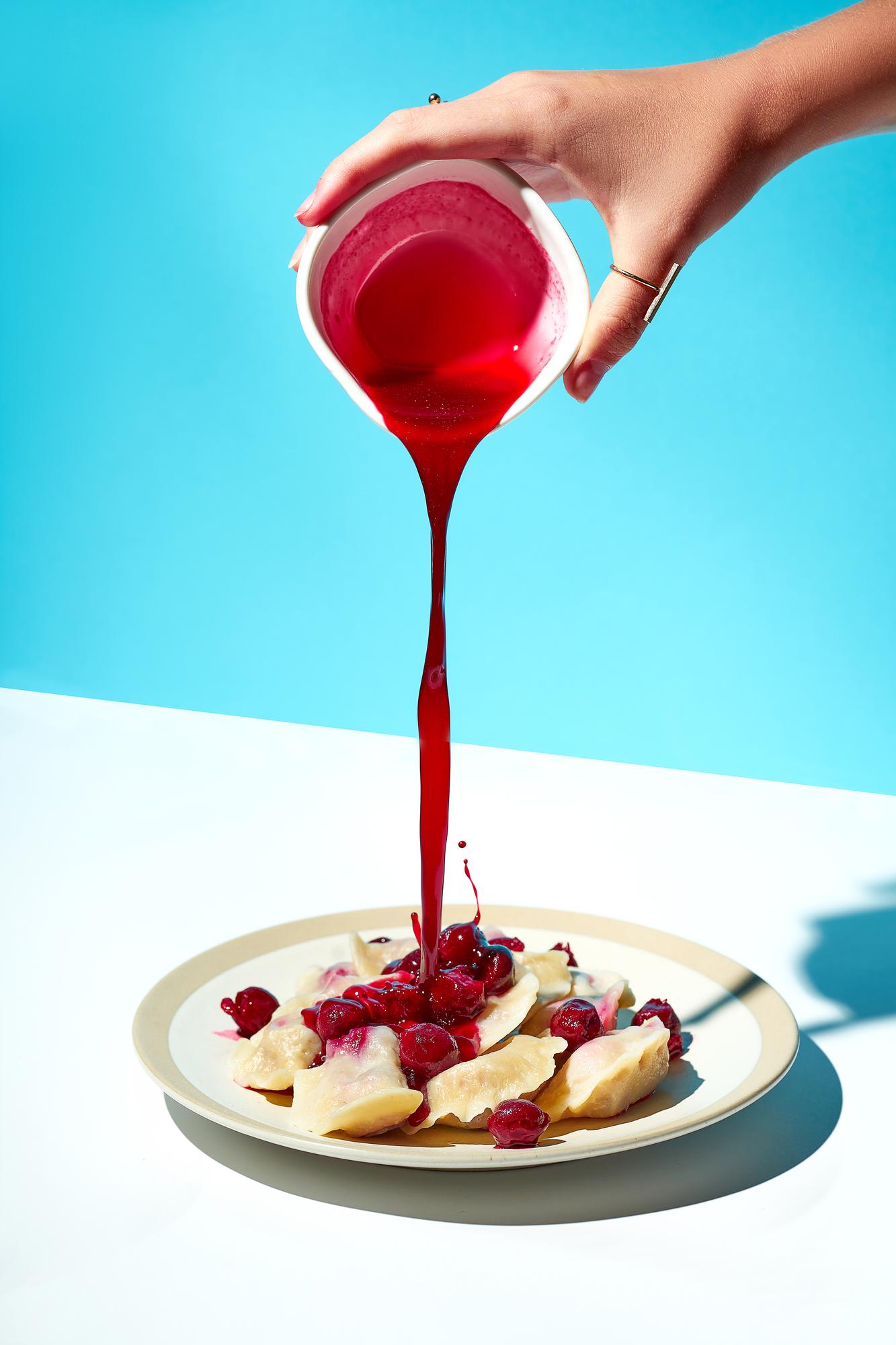 Close up of precise sauce pouring